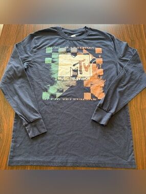 MTV Mens Navy Blue Music Television Long Sleeve Graphic Tee Shirt Size S